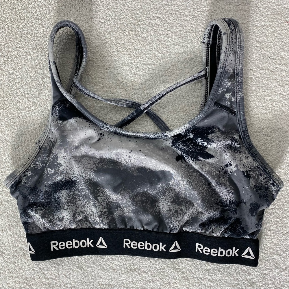 5/$25 Reebok Performance Sports Bra S Black Grey White Speckle Print Activewear